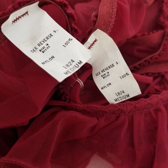 Lingerie Camisole Burgundy Solid Lace Sheer Ruffle 2 Piece Size M - Picture 9 of 10
